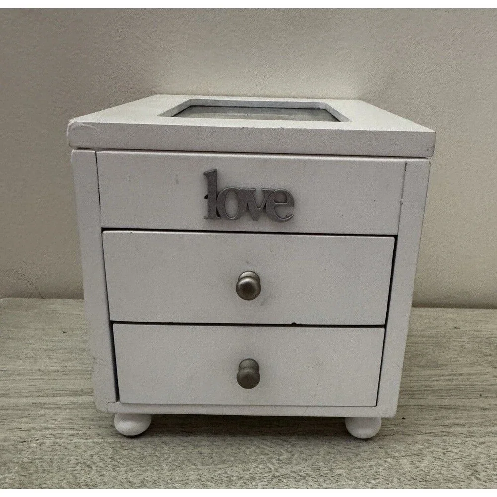 White Wood Jewelry Box 3 Drawers Mirror Ring Rolls Picture Frame 